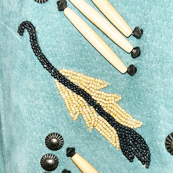 Vintage 💯 Suede Embellished Beaded Military Style Jacket Tiffany Blue SZ: Large - Picture 7 of 16